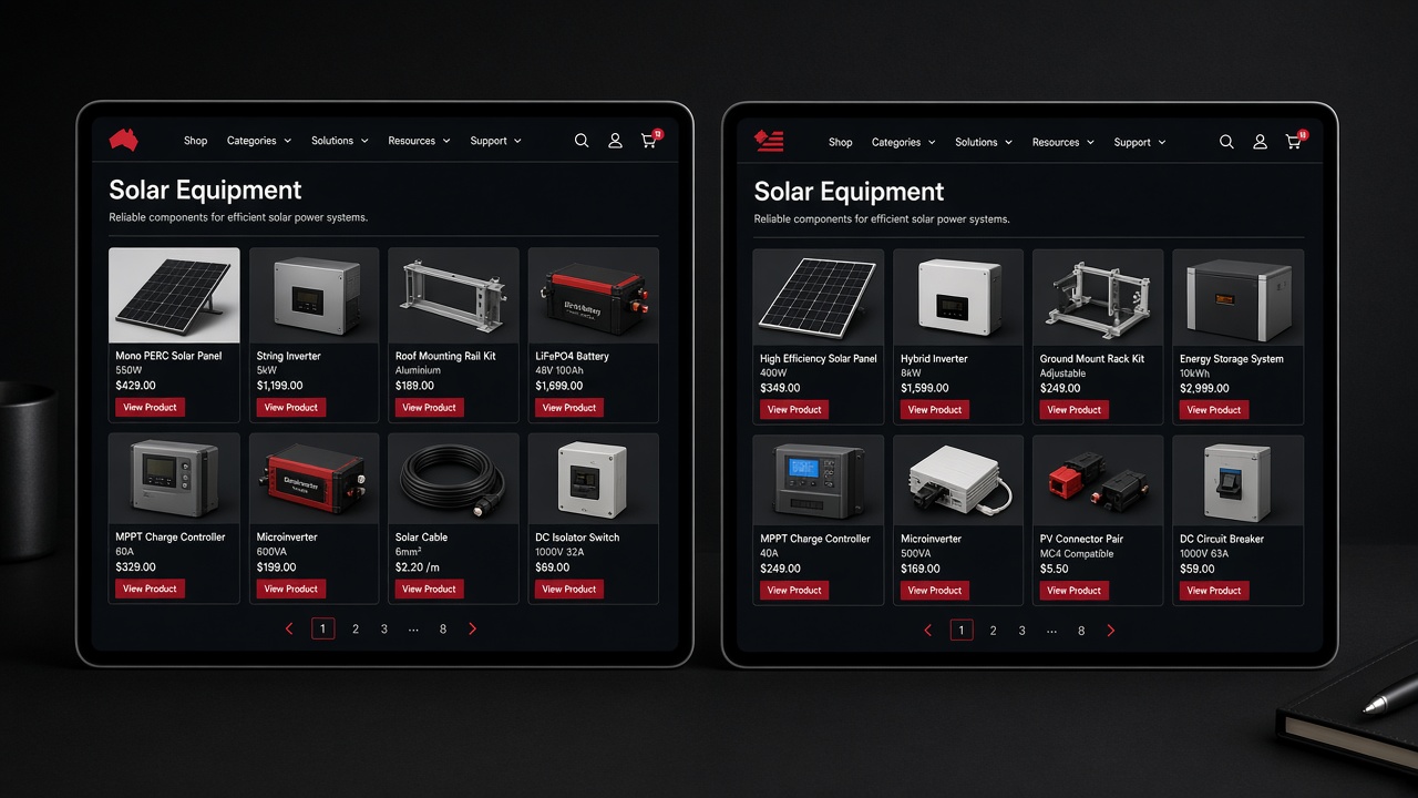 AC Solar Warehouse: two regional Odoo e-commerce websites.